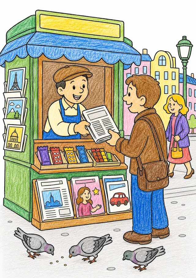 Ausmalbild Zeitungsverkäufer am bunten Straßenkiosk mit Zeitungen und Zeitschriften