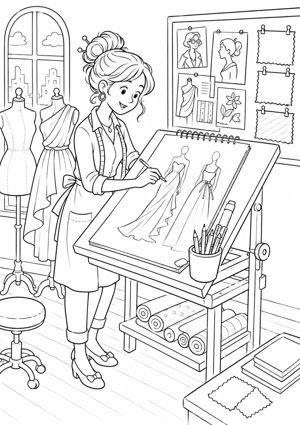 Ausmalbild Modedesignerin am Zeichentisch skizziert Kleider, Atelier mit Schneiderpuppen und Moodboard
