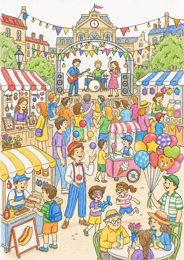 Wimmelbild Ausmalbild Stadtfest mit Bühne, Marktständen, Jongleur und tanzender Menge