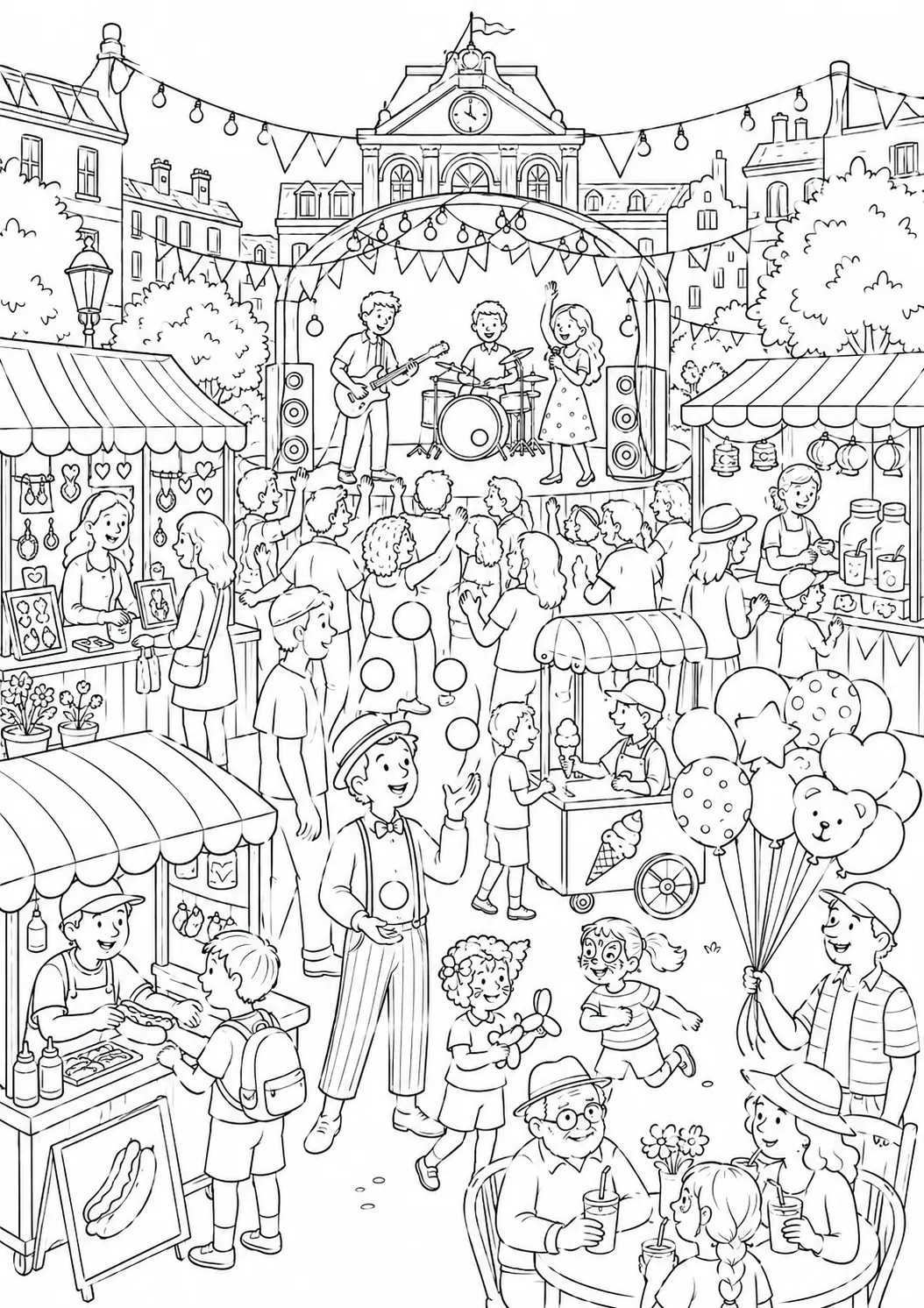 Busy scene coloring page city festival with stage, market stalls, juggler and dancing crowd