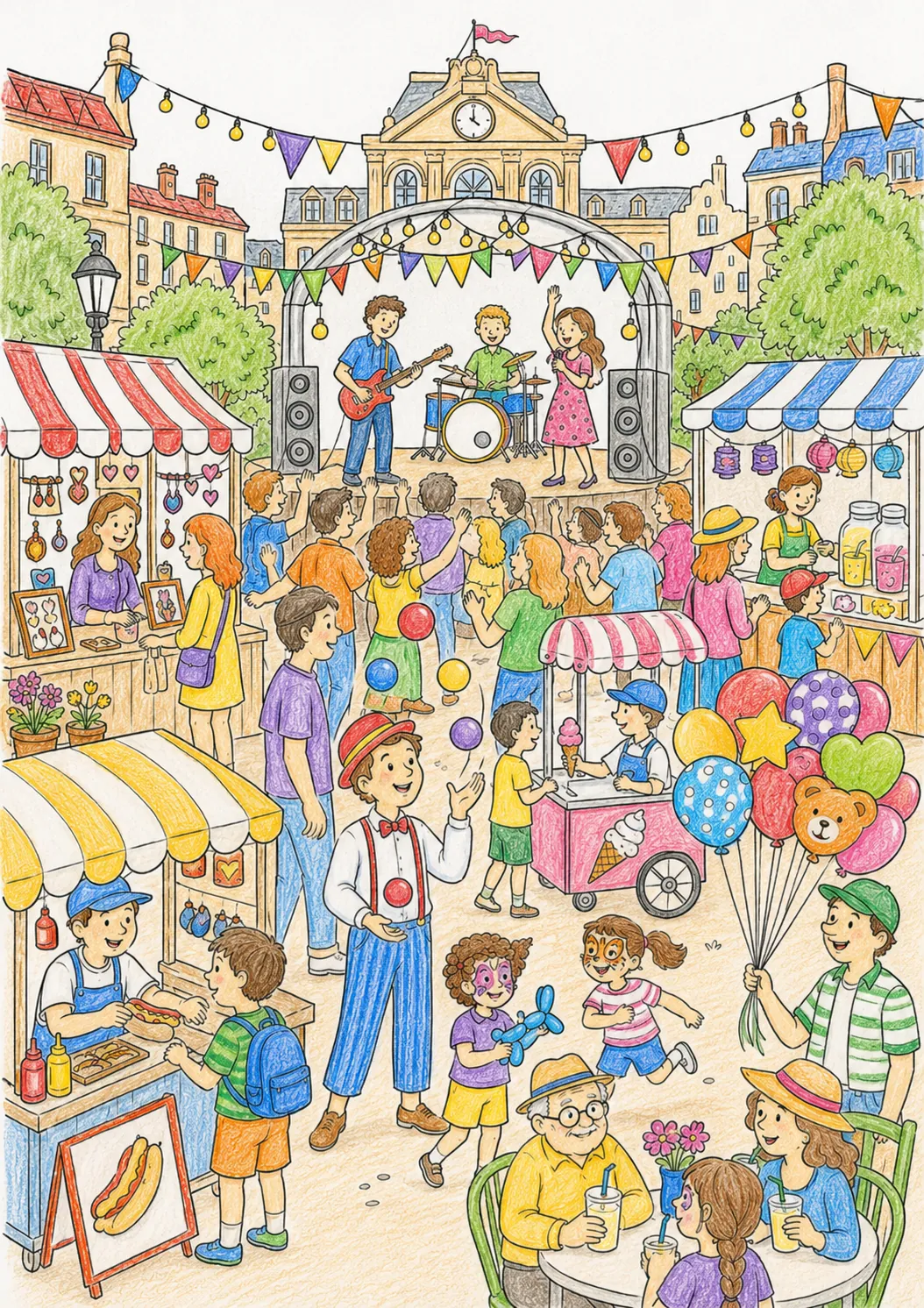 Where's Waldo-Style: The Colorful City Festival with Stage and Market Stalls