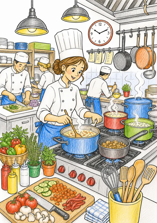 Ausmalbild Köchin mit Kochmütze am Restaurantherd mit Töpfen, Pfannen und Küchenteam im Hintergrund