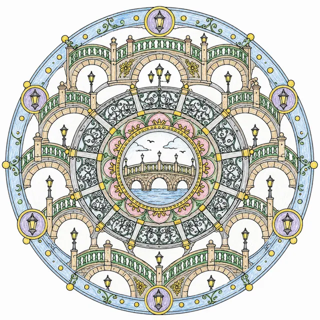 Ausmalbild Mandala Stadtbrücken mit Bogenmustern, Geländermotiven und Laternen