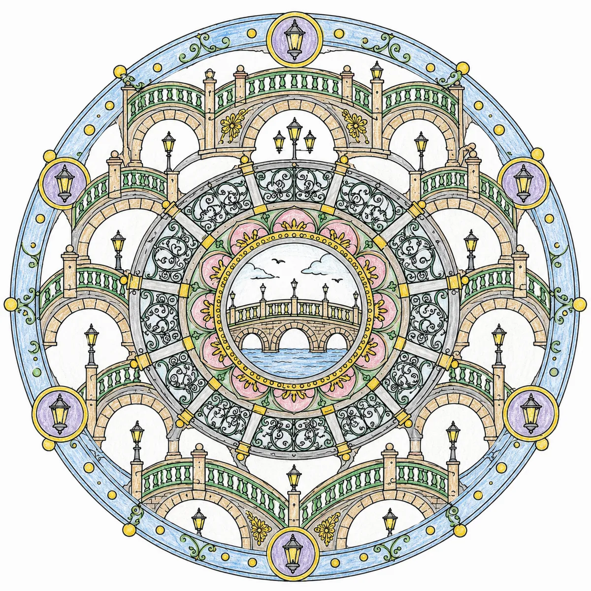 Mandala: Stadtbrücken und Geländermuster