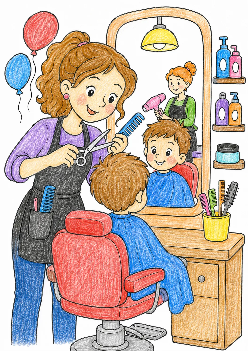 Die Friseurin schneidet einem Kind die Haare im Salon