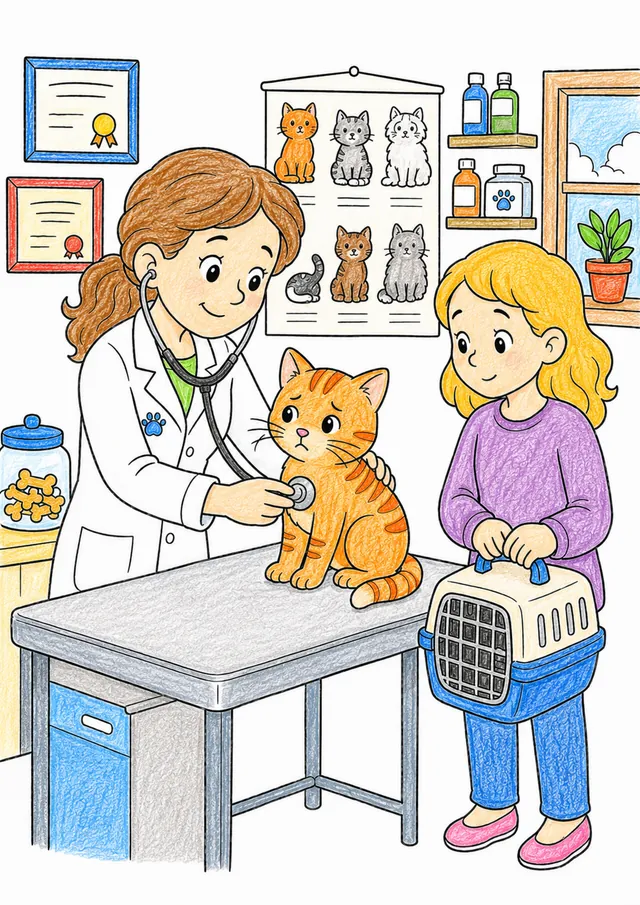 Ausmalbild Tierarzt untersucht orangefarbene Katze auf Behandlungstisch mit Stethoskop