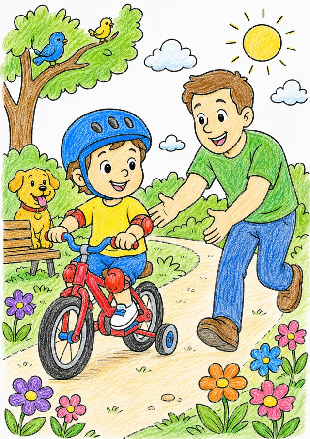 Ausmalbild Kind mit Helm auf Fahrrad mit Stützrädern im Park, Elternteil läuft daneben
