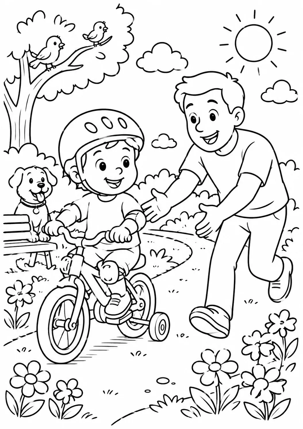 Página para colorear niño con casco en bicicleta con ruedas de entrenamiento en parque, padre corriendo al lado