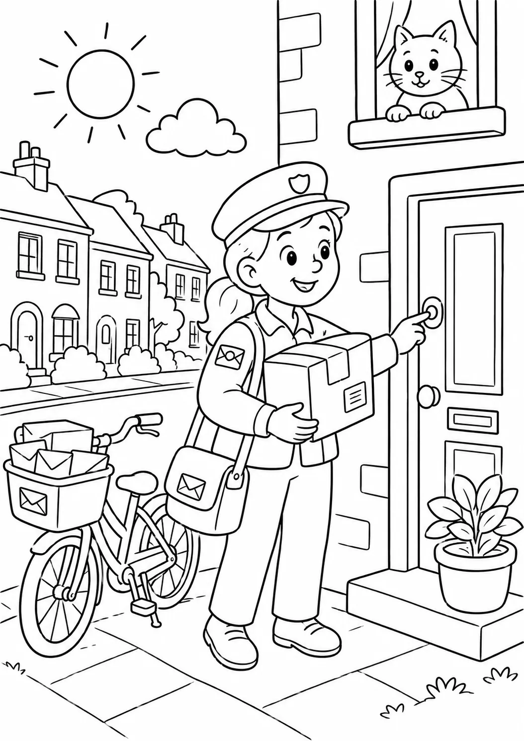 Ausmalbild Briefträgerin mit Paket klingelt an Haustür, Fahrrad mit Lieferkorb auf dem Gehsteig