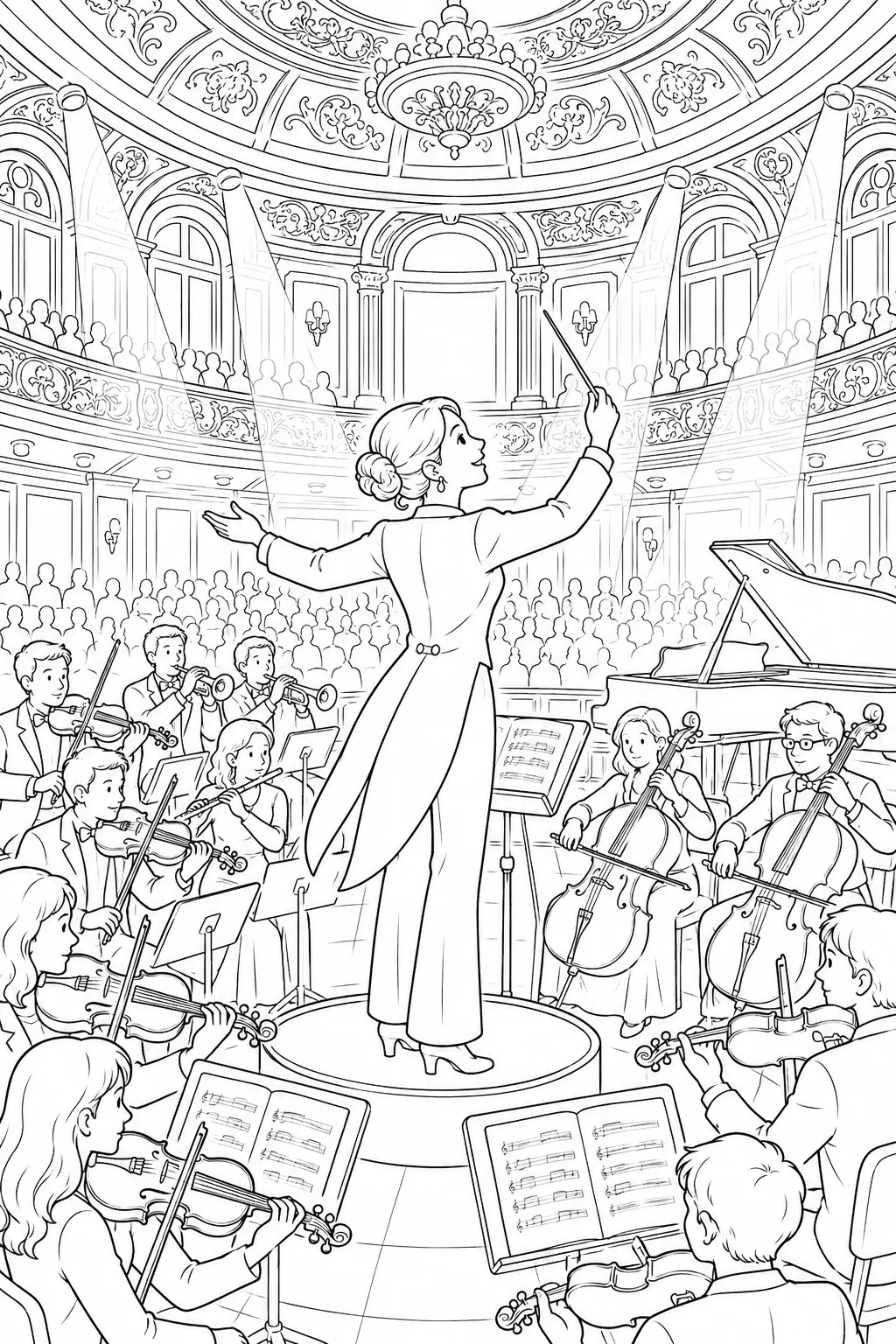 Ausmalbild Dirigentin mit Taktstock vor Orchester im Konzerthaus, goldene Decke und Publikumsreihen