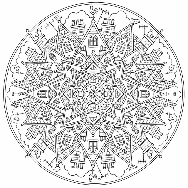 Mandala: Stadtdächer, Schornsteine und Antennen