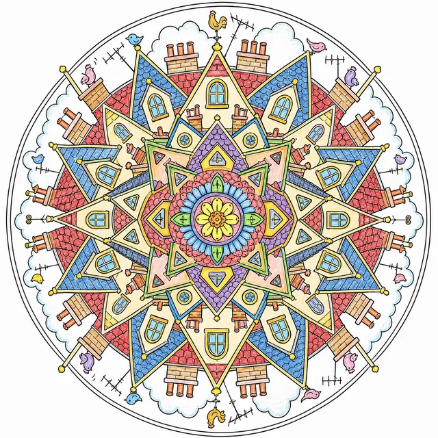 Ausmalbild Mandala Stadtdächer mit Schornsteinen, Fernsehantennen und Dachgauben