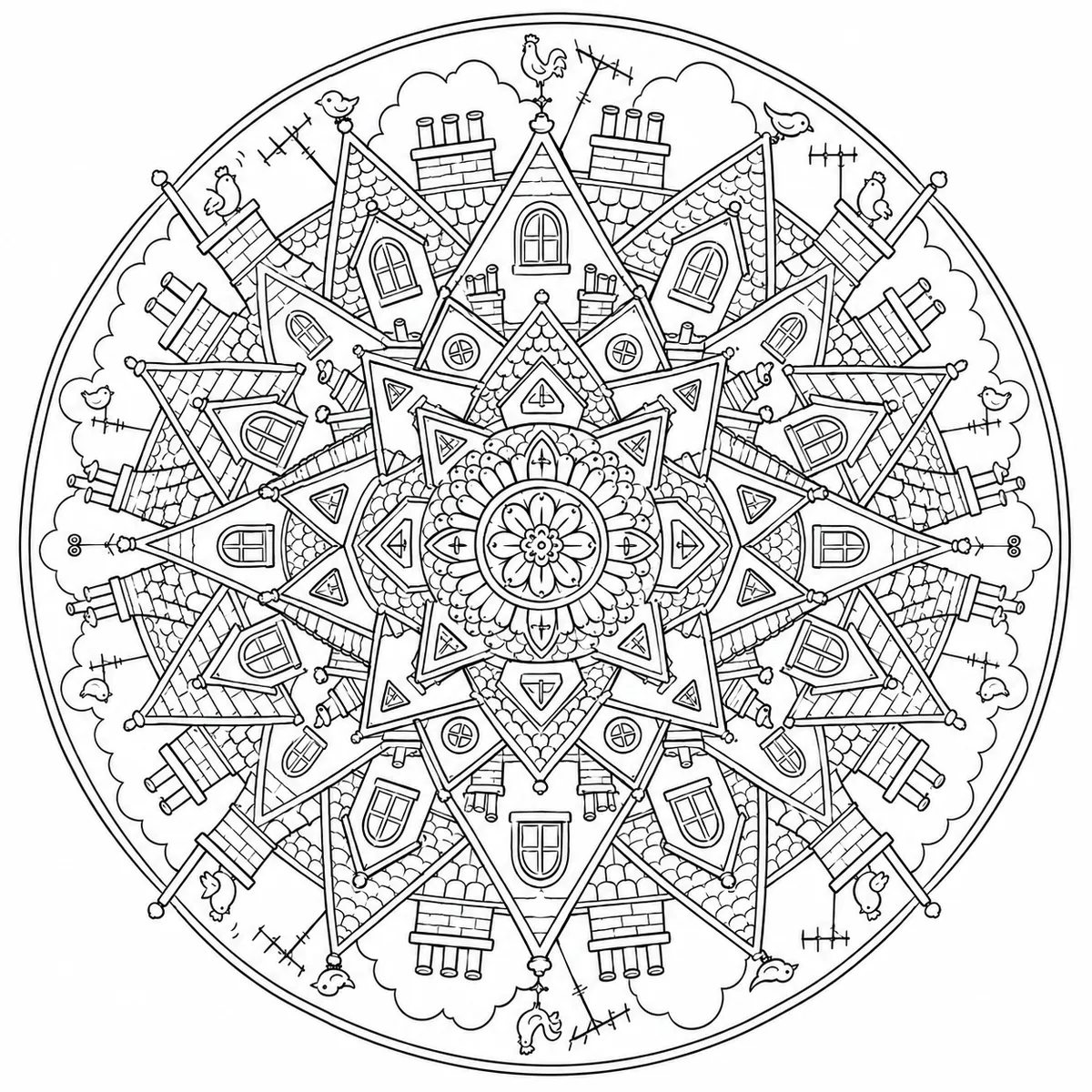 Ausmalbild Mandala Stadtdächer mit Schornsteinen, Fernsehantennen und Dachgauben