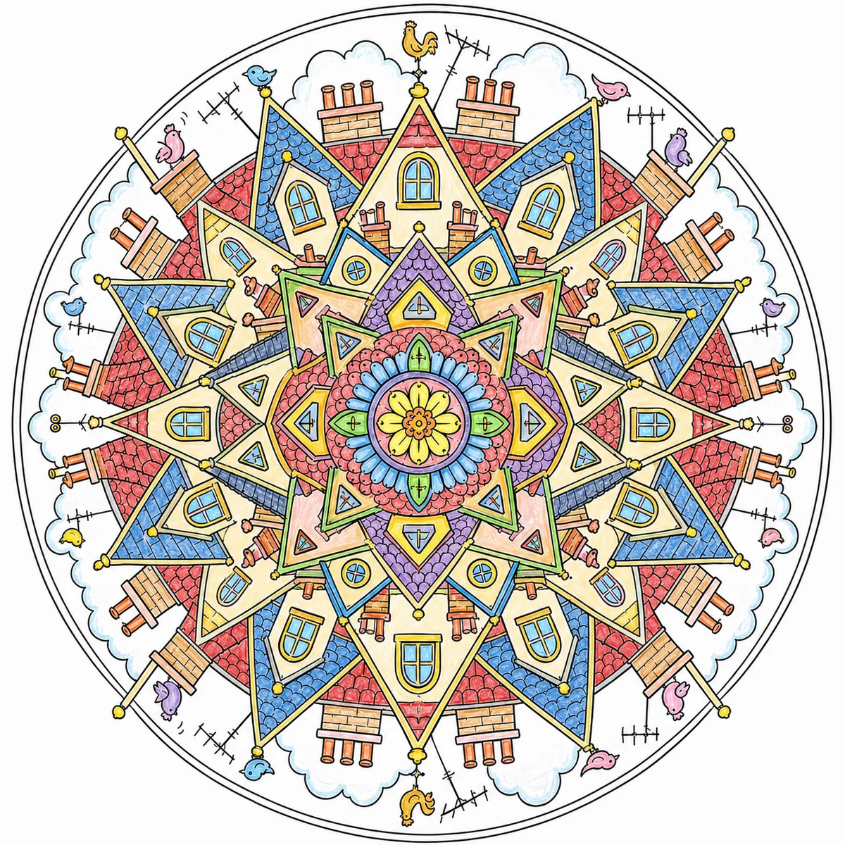 Mandala: Stadtdächer, Schornsteine und Antennen