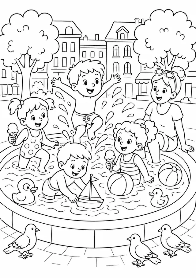 Kinder planschen im Planschbecken auf dem Stadtplatz