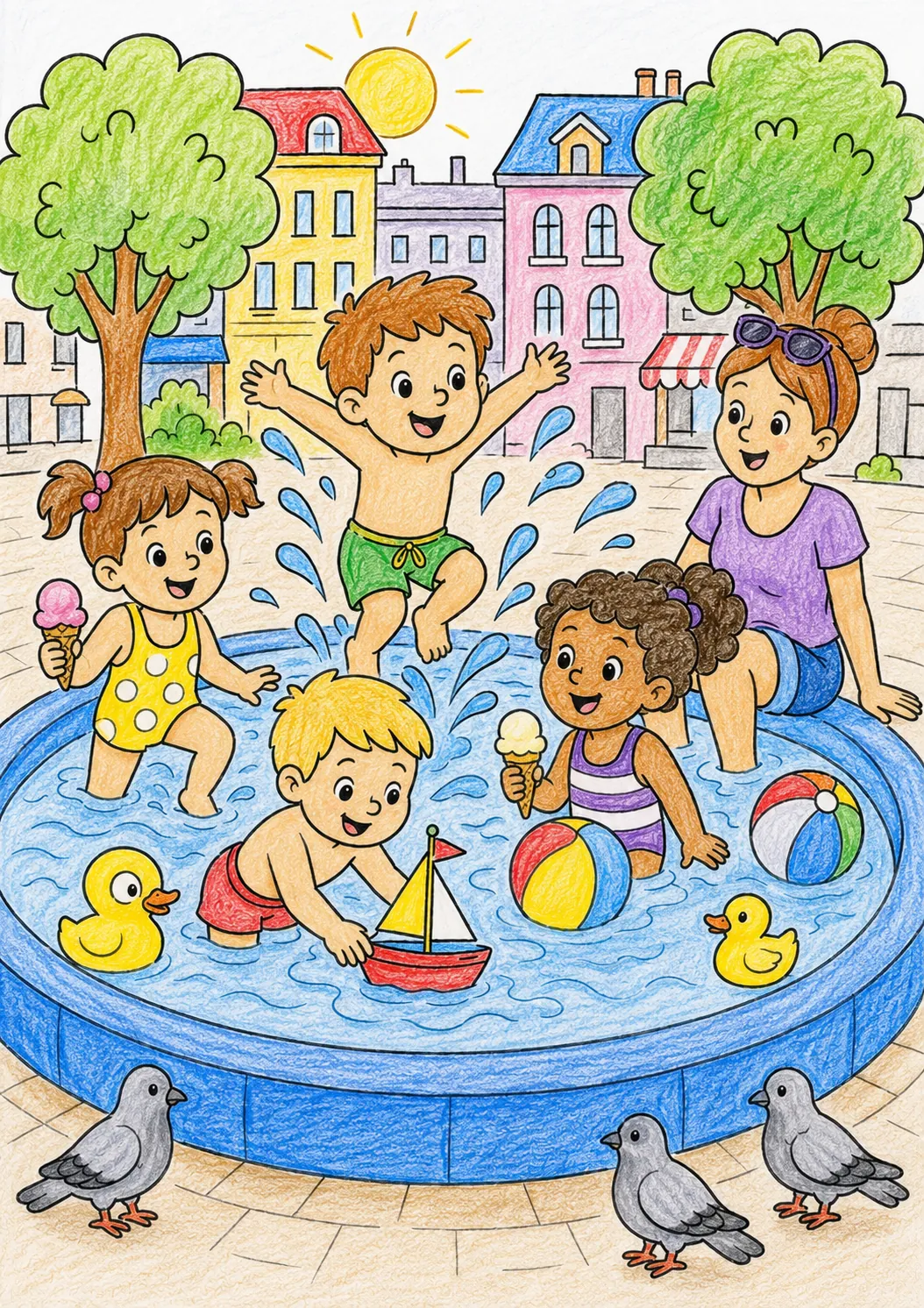 Kinder planschen im Planschbecken auf dem Stadtplatz