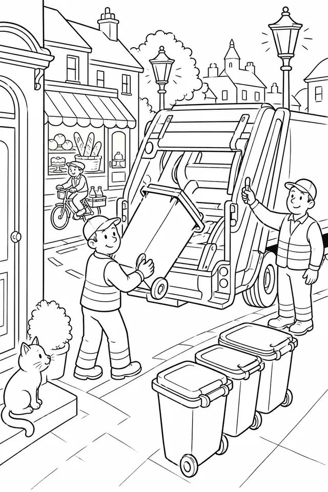 Der Müllmann leert die Tonnen mit dem Müllwagen früh morgens