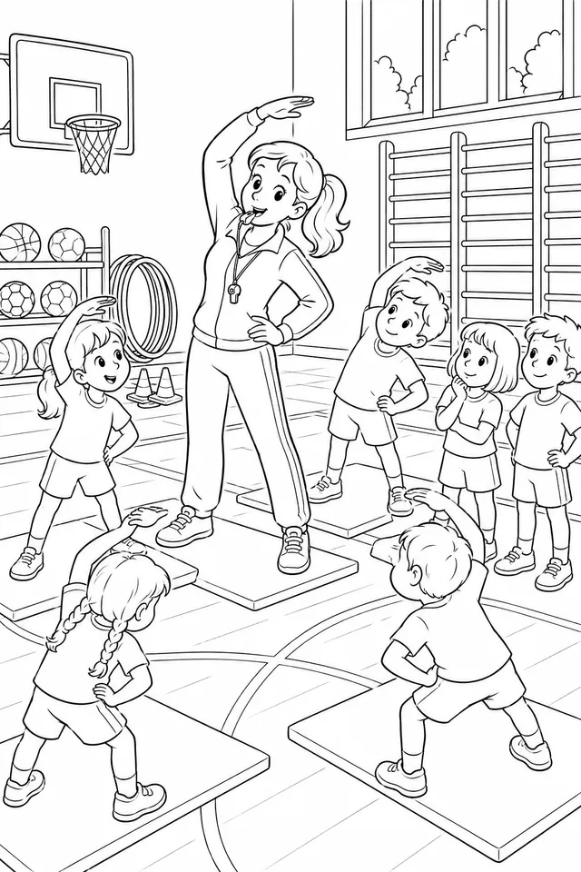 Die Sportlehrerin leitet den Turnunterricht in der Sporthalle