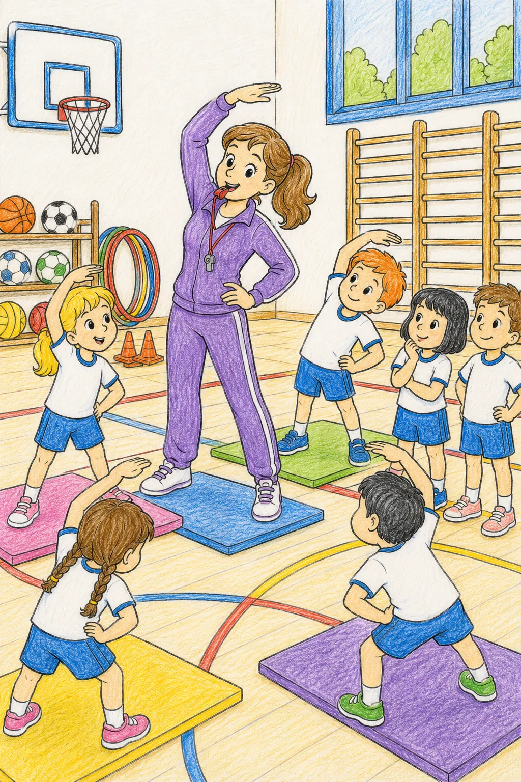 Die Sportlehrerin leitet den Turnunterricht in der Sporthalle