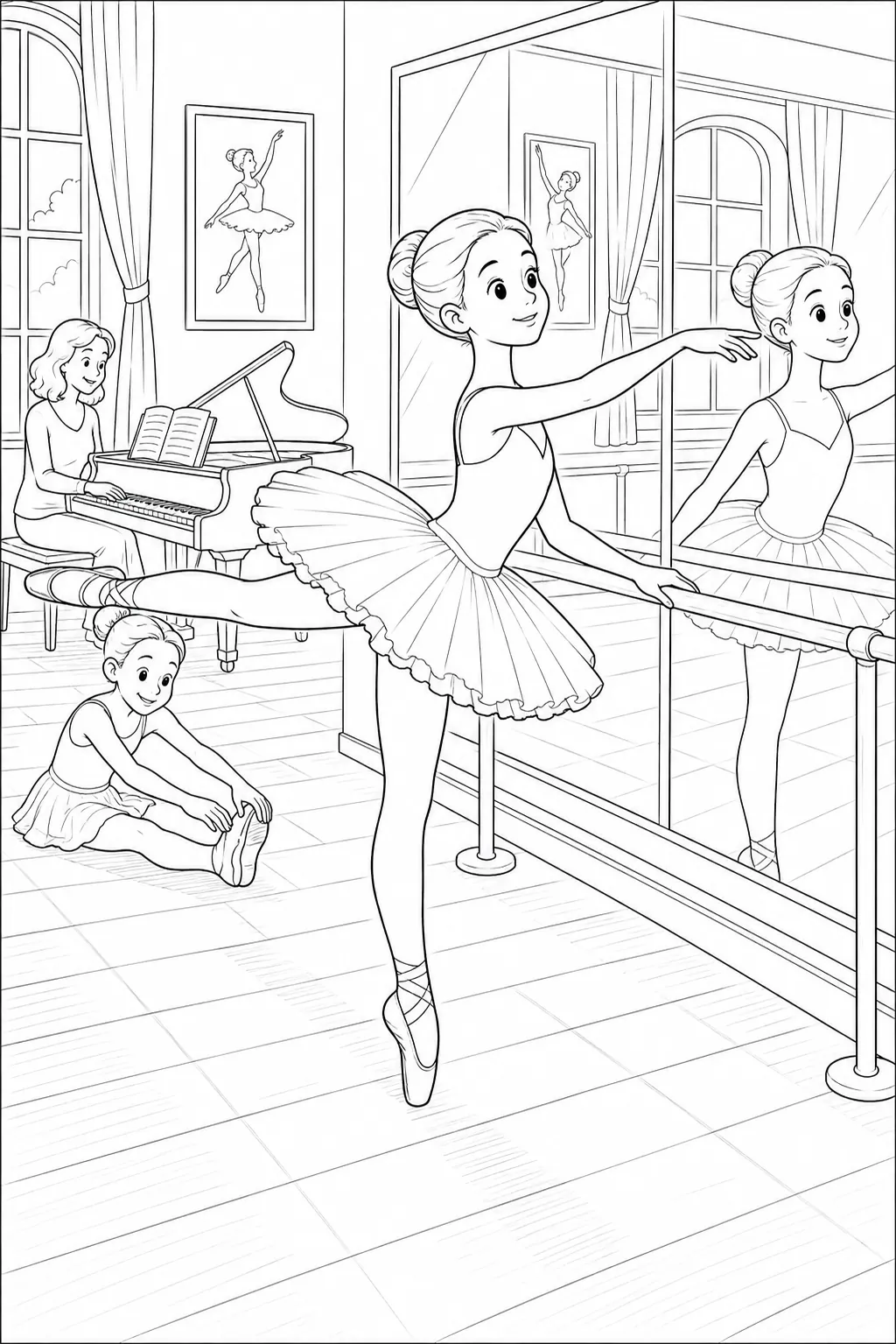 Ausmalbild Balletttänzerin im rosa Tutu an der Stange in Arabesqueposition, Spiegelwand im Tanzstudio