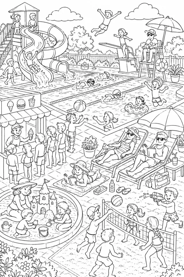 Wimmelbild: Voller Sommer-Trubel im Stadtfreibad