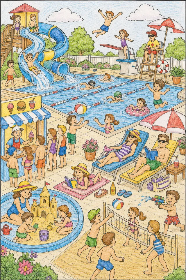 Wimmelbild Freibad im Sommer mit Wasserrutsche, Sprungbrett, Snack-Kiosk und vielen Menschen