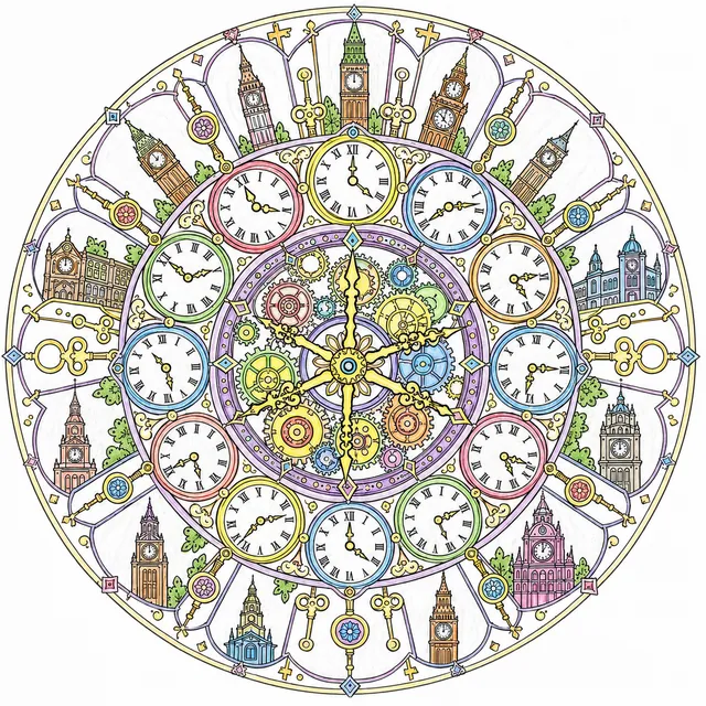 Ausmalbild Mandala Stadtuhren mit Zifferblättern, römischen Zahlen und Uhrturm-Silhouetten