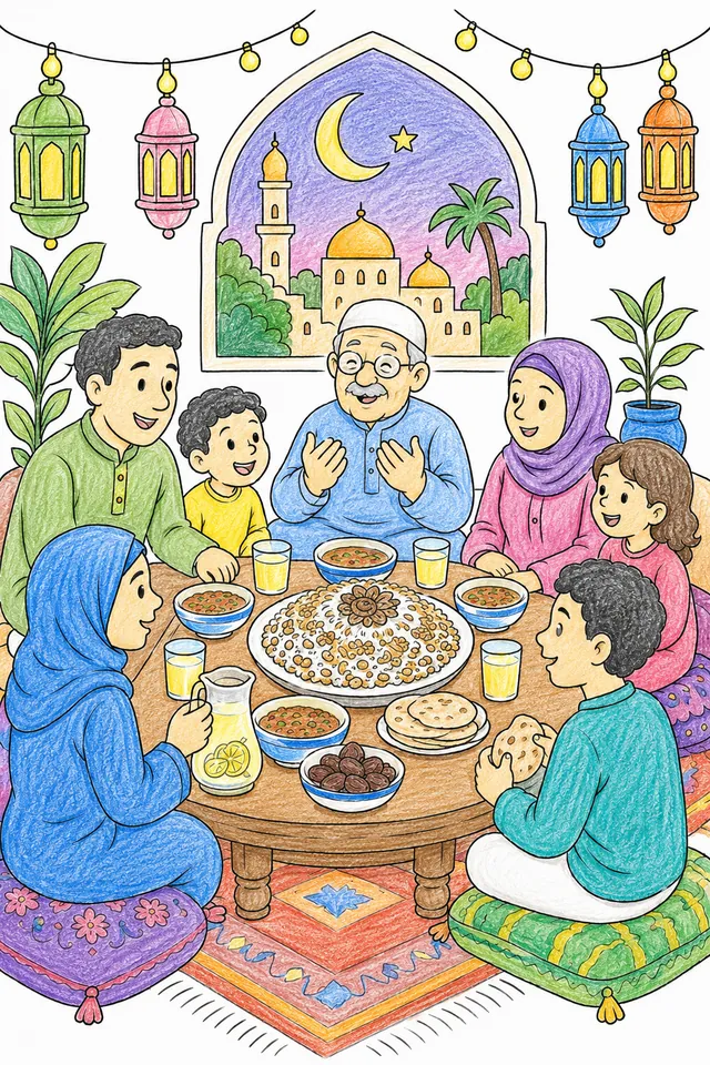 Ägyptische Großfamilie sitzt um Iftar-Tisch mit Koshary, Datteln und Laternen unter Halbmond