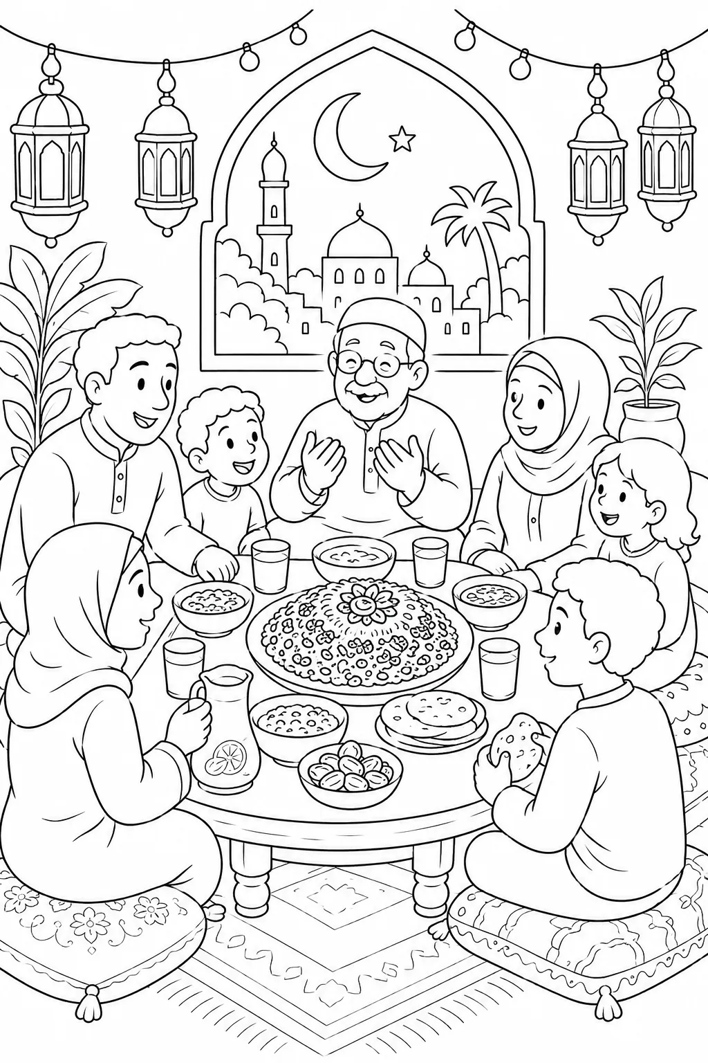 Ägyptische Großfamilie sitzt um Iftar-Tisch mit Koshary, Datteln und Laternen unter Halbmond