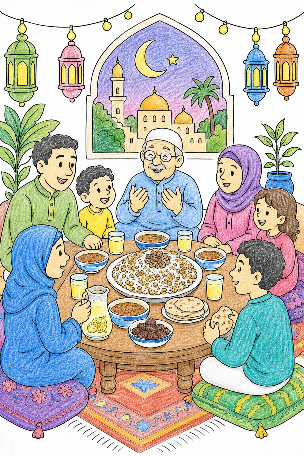 Ägyptische Großfamilie versammelt sich am Abend zum festlichen Iftar-Abendessen