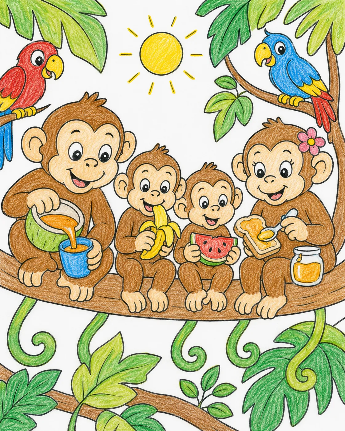 Fröhliche Affenfamilie frühstückt gemeinsam auf einer Liane im Dschungel