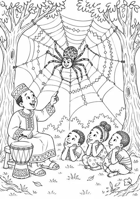Anansi spannt Netz zwischen Bäumen