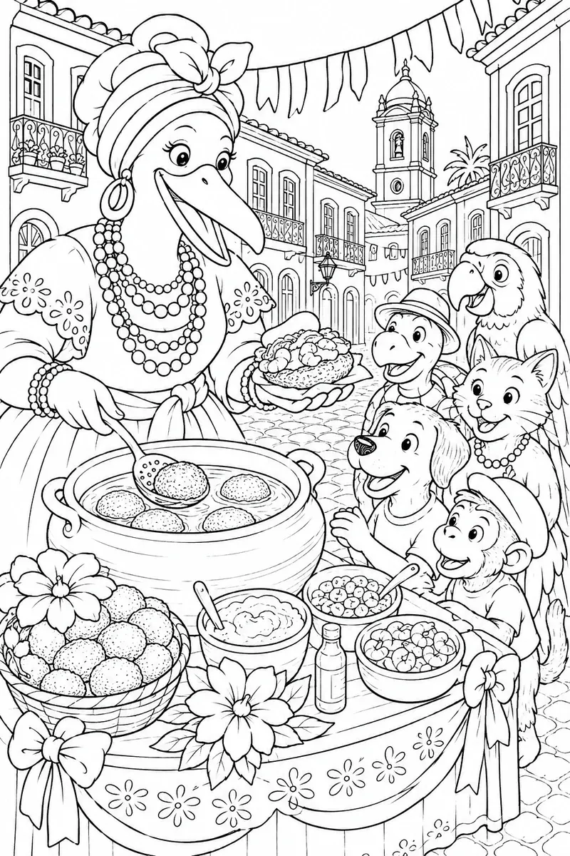 Ausmalbild: Traditionell gekleidete Bahiana frittiert Acarajé für eine Warteschlange hungriger Tier-Kunden
