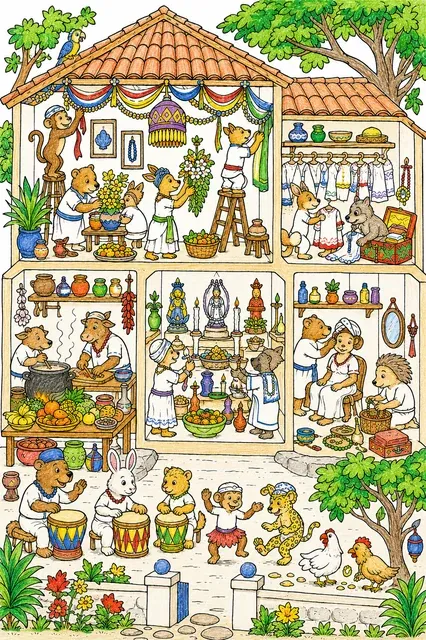 Candomblé-Tempel-Querschnitt mit Festvorbereitungen – So könnte es aussehen