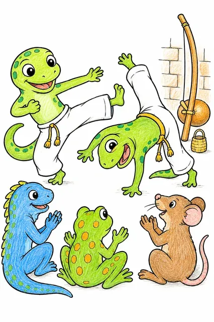 Ausmalbild: Zwei lächelnde Geckos in weißen Hosen führen Capoeira-Bewegungen vor einem Tierkreis vor