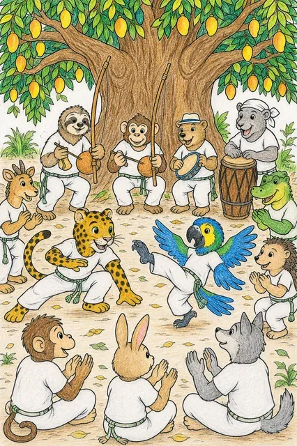 涂色页：动物卡波耶拉学员在芒果树下围成一圈，两人在中心起舞