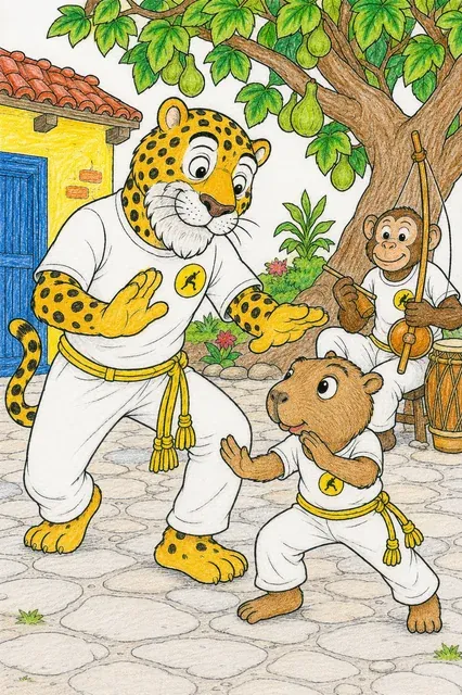 Capoeira-Mestre erklärt einem Kind den Ginga – So könnte es aussehen