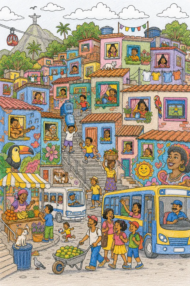 Favela-Panorama mit bunten Häusern und Tier-Bewohnern – So könnte es aussehen