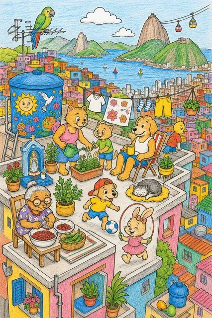Ausmalbild: Lebhaftes Wimmelbild einer Rio-Favela-Dachterrasse mit Tier-Familie Garten und Blick auf Zuckerhut