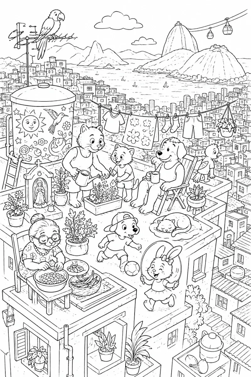 涂色页：里约贫民窟屋顶的生动寻找图，有动物家庭、花园和糖面包山景观