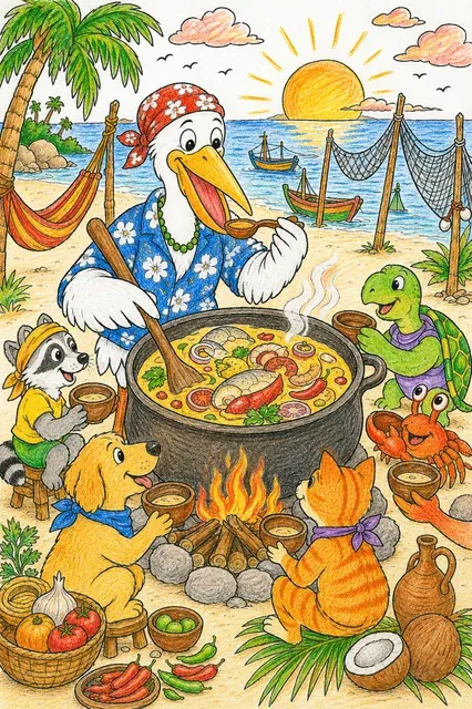 渔民在海滩篝火旁烹饪木薯炖鱼 – 涂色效果预览
