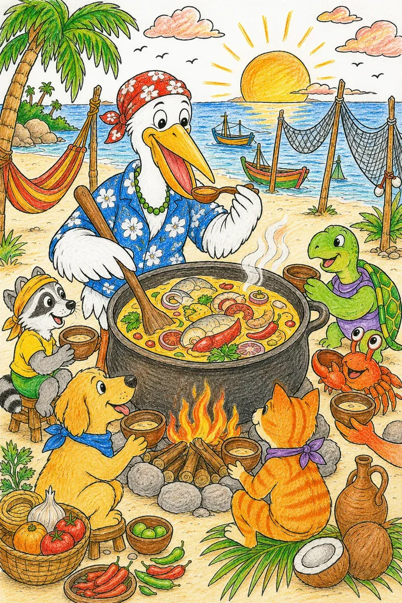 渔民在海滩篝火旁烹饪木薯炖鱼