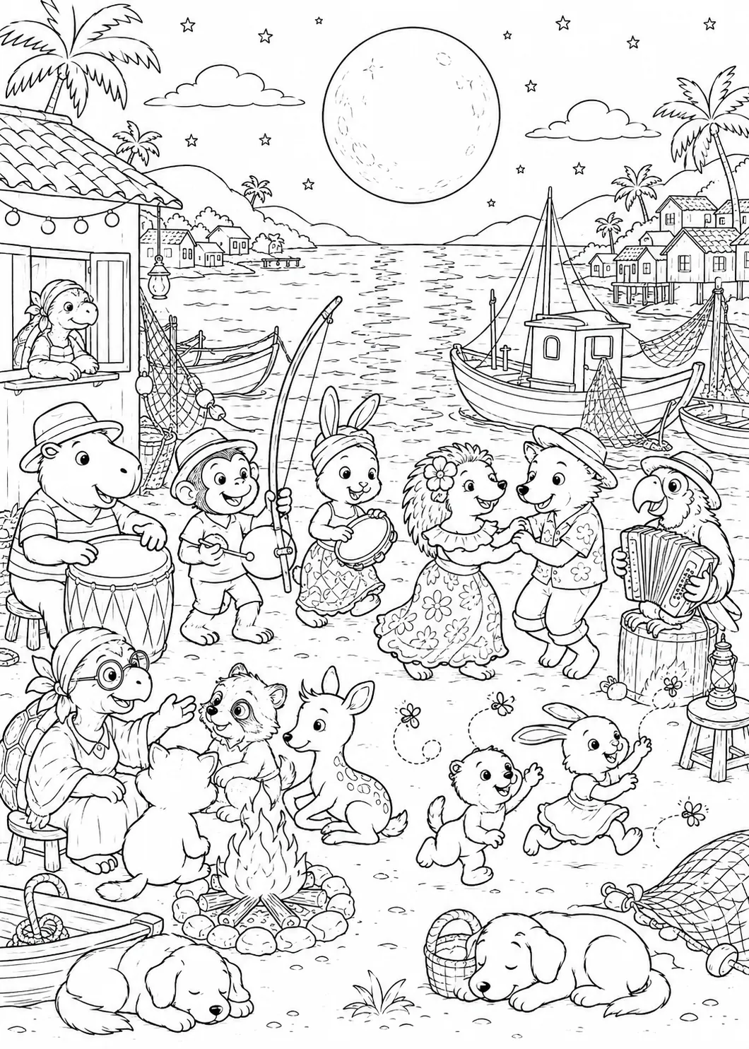 Colorear: atmosférico pueblo pesquero con animales bailando y haciendo música bajo una gran luna llena