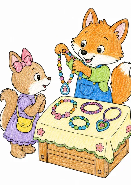 Ausmalbild: Kleines Tier-Kind hält stolz an seinem improvisierten Schmuck-Stand eine selbst gemachte Halskette in die Luft