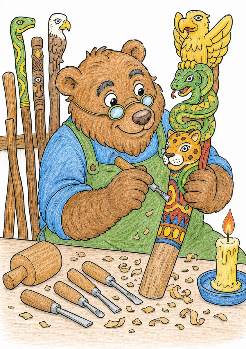 Holzschnitzer fertigt einen neuen Tier-Stab
