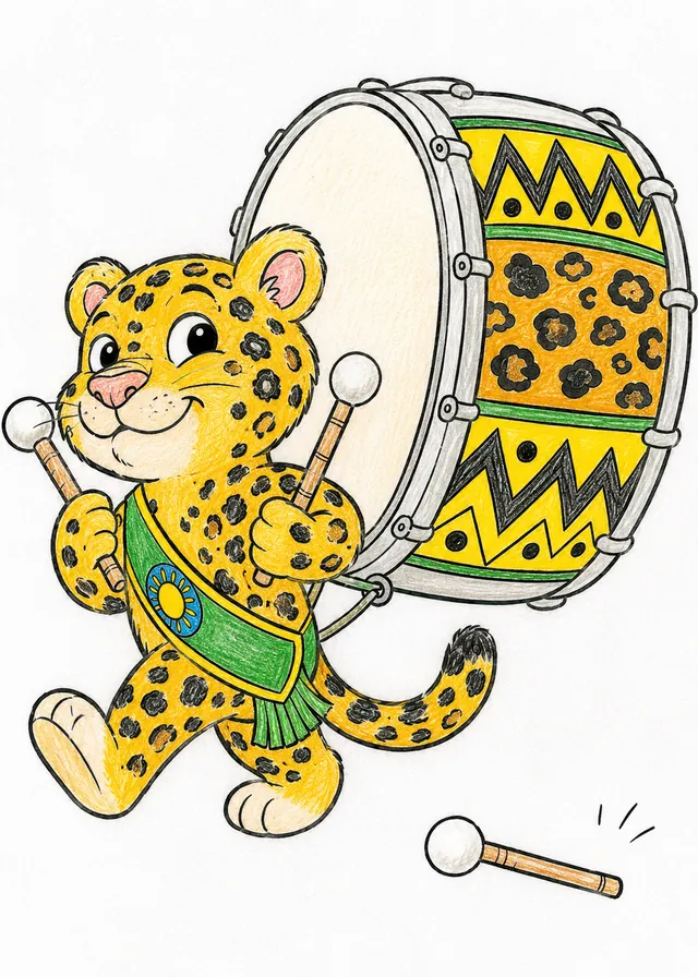 Ausmalbild: Kleines Jaguarkind marschiert mit Samba-Trommel fast so groß wie es selbst und verliert dabei einen Drumstick