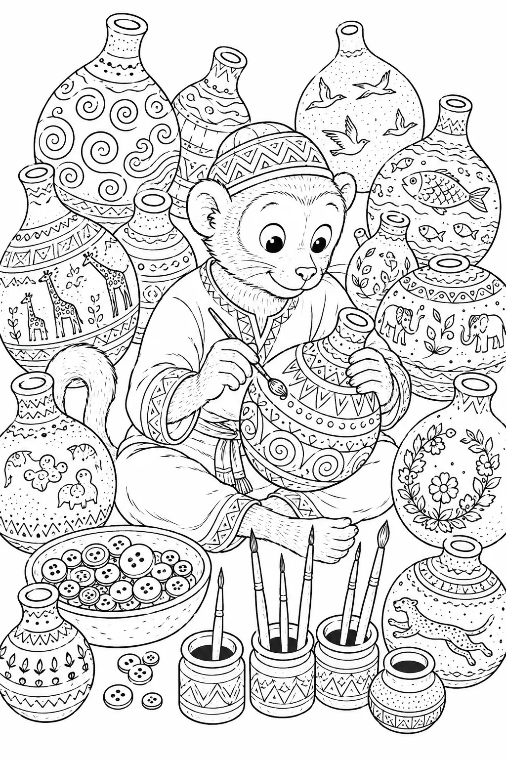 涂色页：动物葫芦艺术家用细画笔绘制一个葫芦，周围是有不同图案的完成绘画葫芦