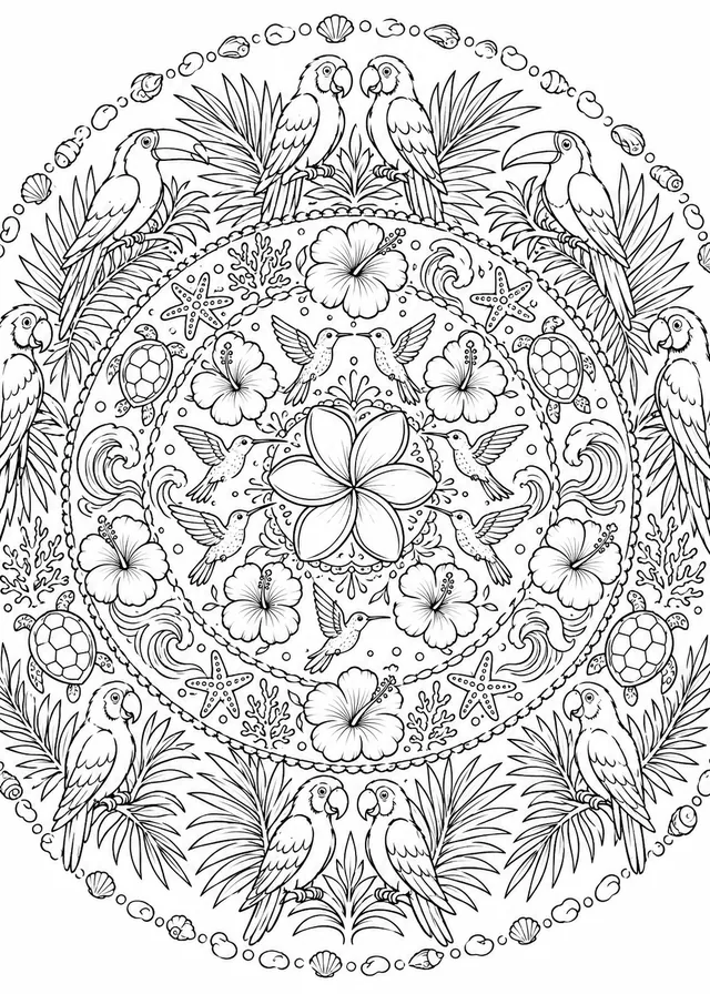Karibik-Mandala aus tropischen Blumen und Tieren