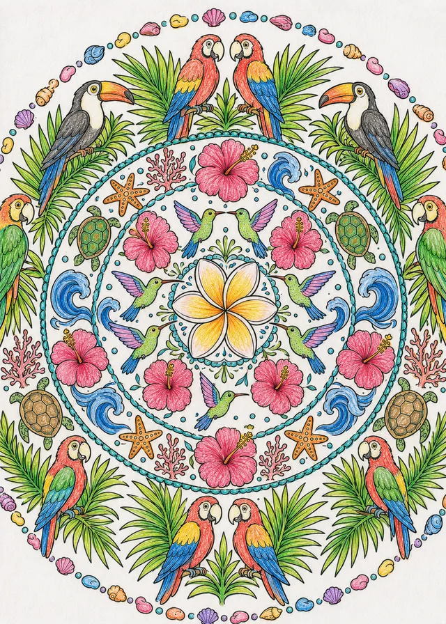 Ausmalbild: Symmetrisches Karibik-Mandala mit Kolibris Meeresschildkröten Hibiskus und Palmblättern