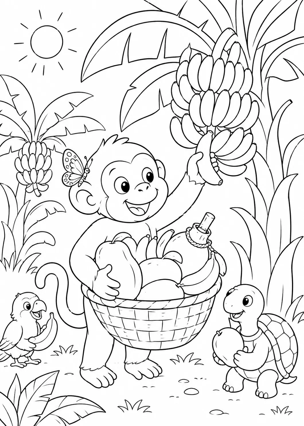 Ausmalbild: Fröhliches Tier-Kind streckt sich nach Bananen aus während sein Korb mit tropischen Früchten gefüllt ist